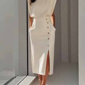 فستان نسائي أنيق بدون أكمام أنيق بصدر واحد وجيوب غير رسمية فستان ميدي مستقيم للنساء 2025