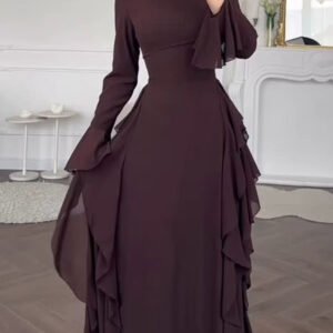 فستان نسائي أوروبي وأمريكي موديل 2025 أنيق غير رسمي عالي الخصر بلون سادة وأكمام طويلة