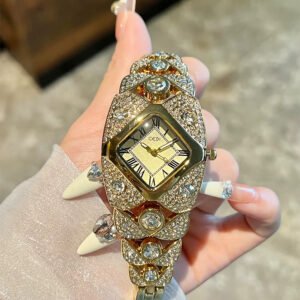 ساعات GEDI الفاخرة للنساء بحزام مرصع بالألماس بالكامل وأرقام رومانية تعرض قرص الماس كوارتز ساعة يد نسائية